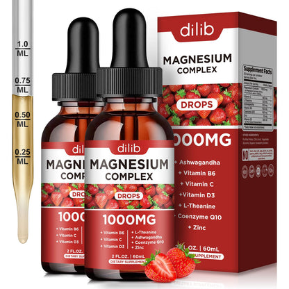 Triple Magnesium Complex Liquid Drops 1000mg - Stress Relief, Calm & Mood Support (2 Pack)