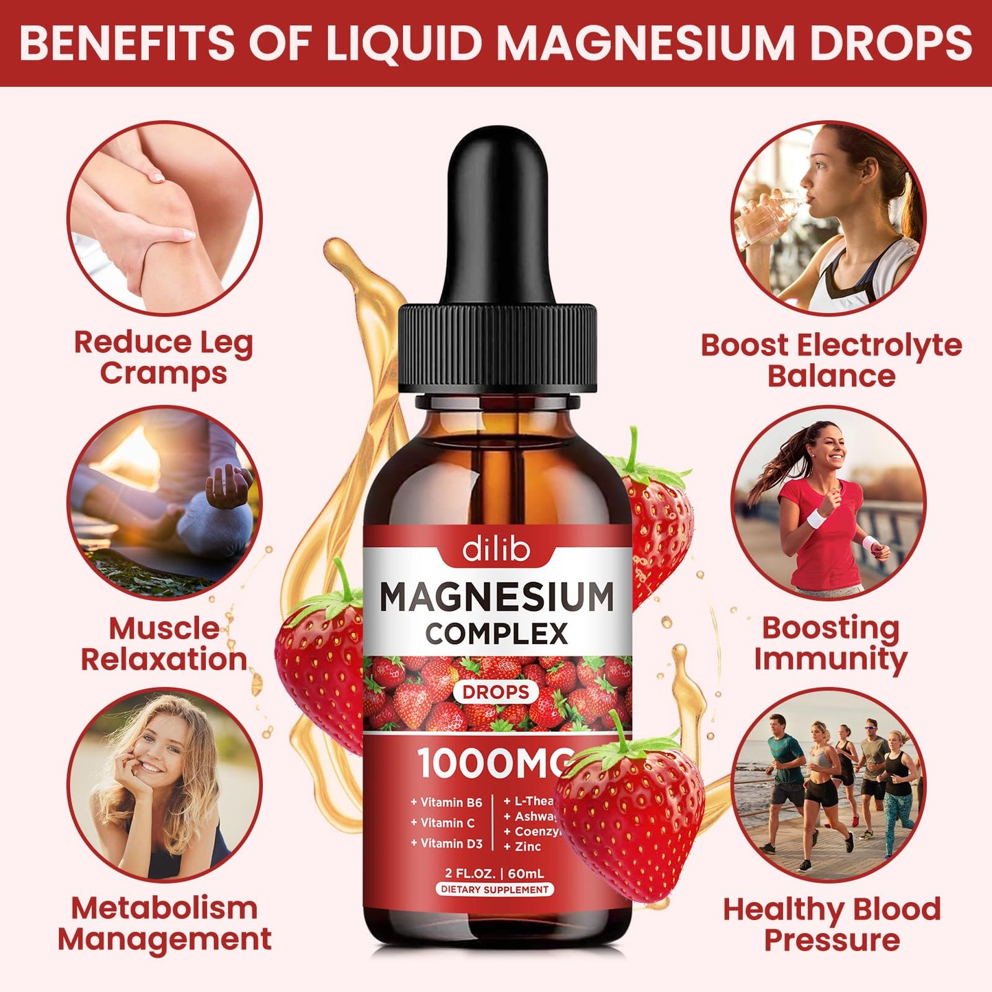 Triple Magnesium Complex Liquid Drops 1000mg – Magnesium Glycinate & Citrate with Ashwagandha, CoQ10, B6, C, D, Zinc | Stress Relief & Bone Support | Vegan