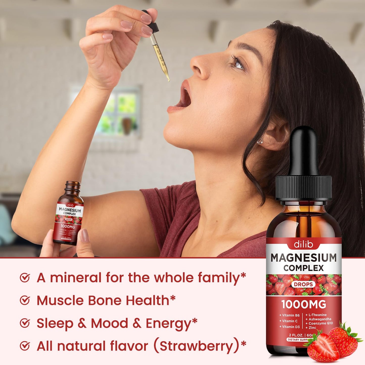 Triple Magnesium Complex Liquid Drops 1000mg – Magnesium Glycinate & Citrate with Ashwagandha, CoQ10, B6, C, D, Zinc | Stress Relief & Bone Support | Vegan