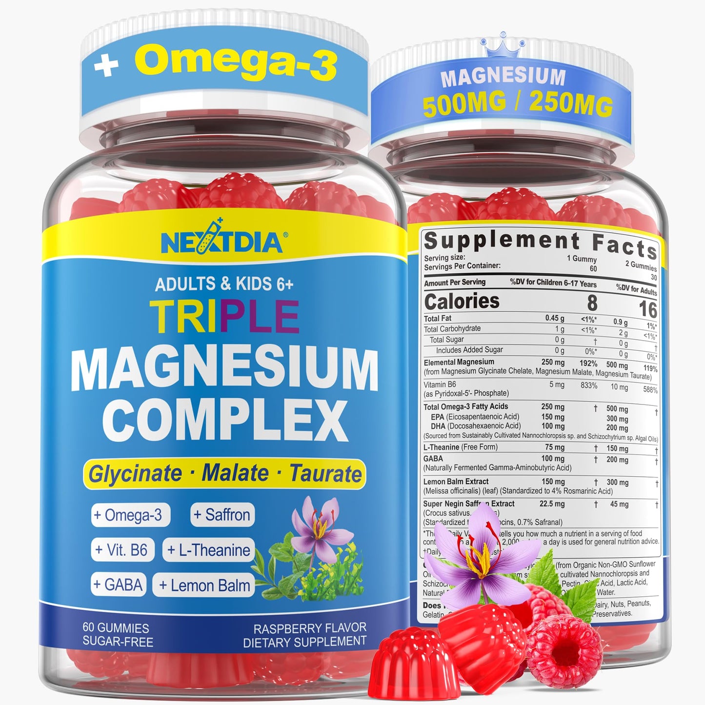 Triple Magnesium Complex Gummies for Adults & Kids 6+ – Sugar Free | Omega-3, Saffron, L-Theanine