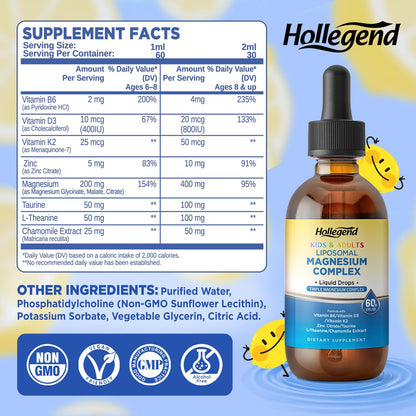 Liposomal Magnesium Drops 400mg – Triple-Source Mg with D3, K2, B6, Zinc, Taurine, L-Theanine & Chamomile (4 oz)