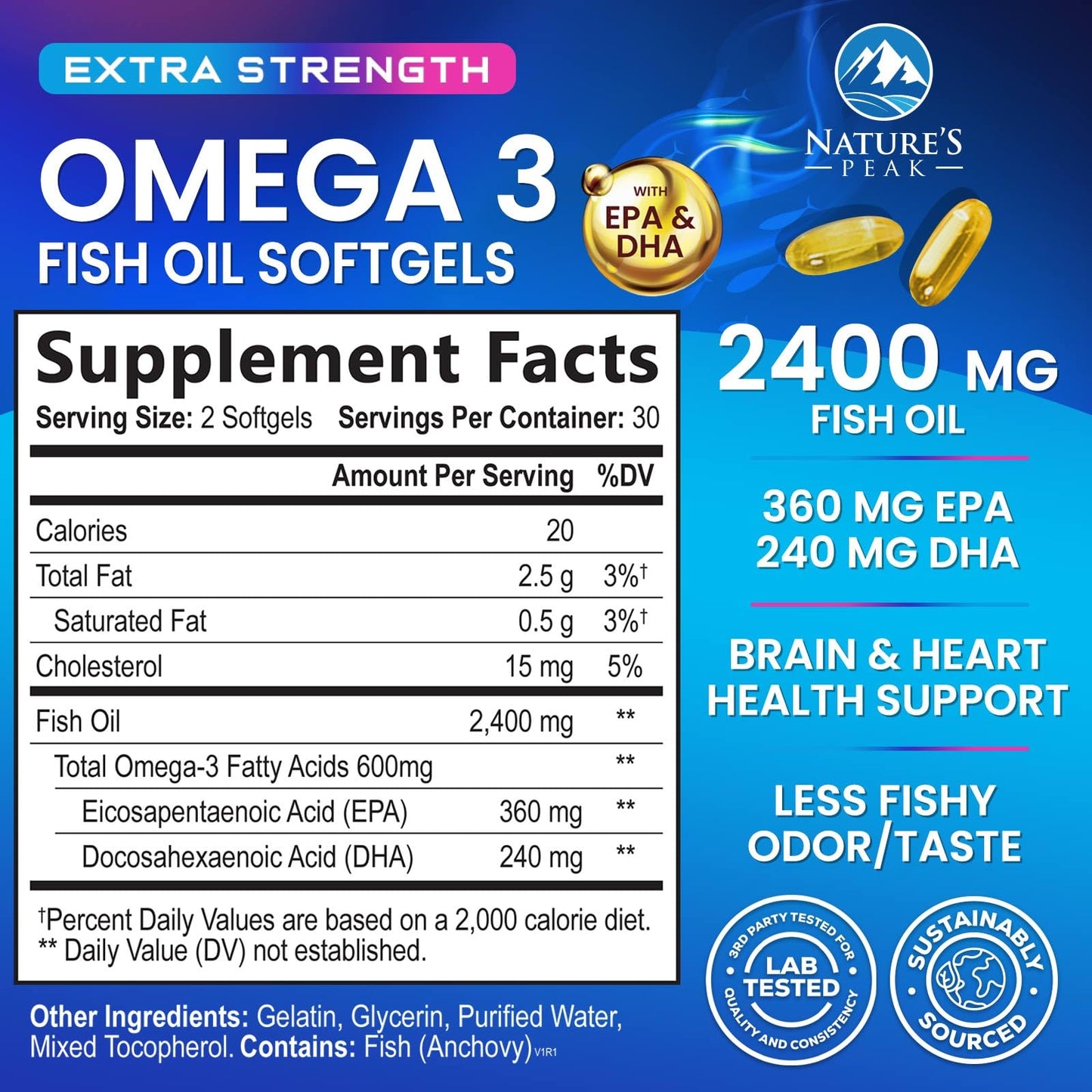 Omega-3 Fish Oil 2400 mg – Triple Strength EPA & DHA Softgels, Sustainably Sourced, 60 Softgels