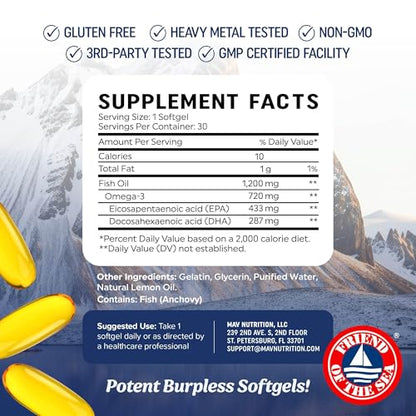 Triple Strength Omega-3 Fish Oil 1200 mg | EPA & DHA | 30 Softgels