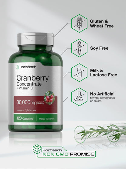 Horbäach Cranberry Concentrate + Vitamin C – 30,000mg, 120 Capsules | Non-GMO, Gluten Free