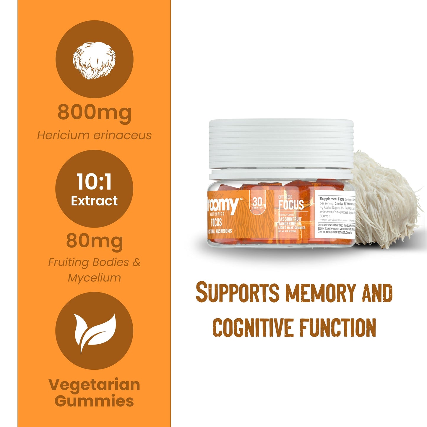 Troomy Lion's Mane Focus Gummies – 30 Count (Tangerine & Passionfruit)
