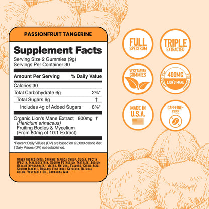 Troomy Lion's Mane Focus Gummies – 30 Count (Tangerine & Passionfruit)