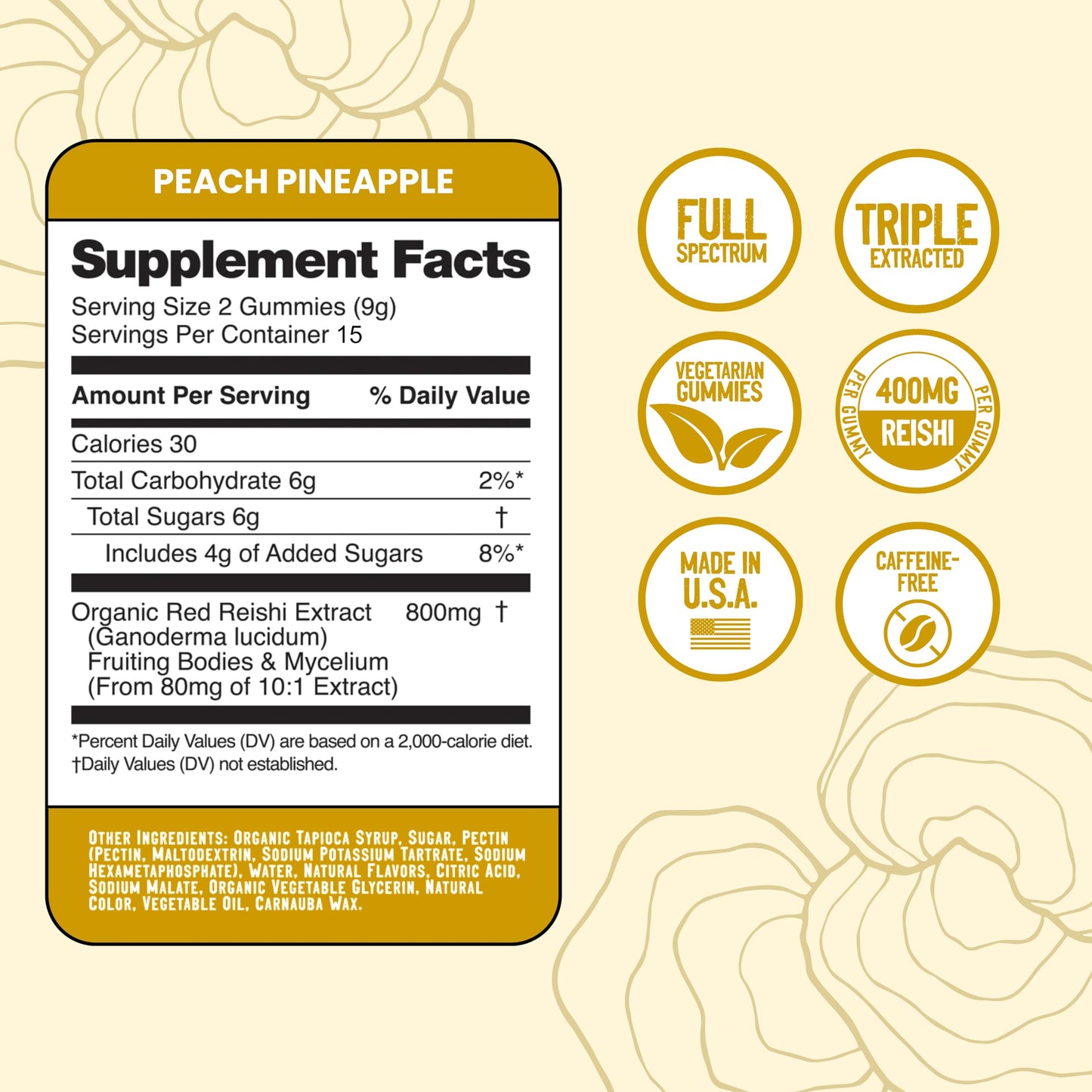 Troomy Reishi Calm Gummies – Pineapple Peach Flavor, Gelatin-Free, Gluten-Free, Vegetarian | 30 Count