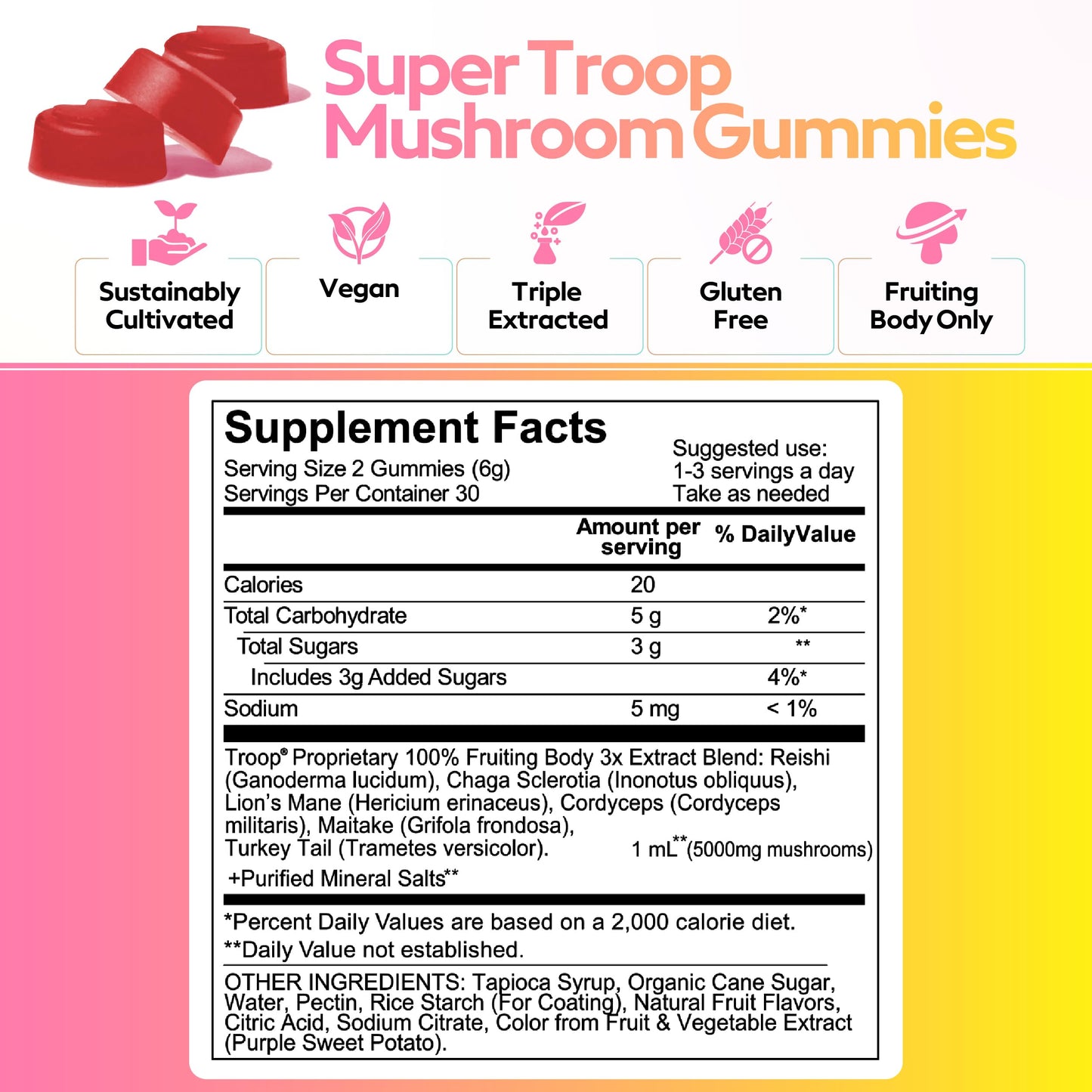 Troop Super 6 Mushroom Gummies – Immune Support, Energy & Mood (60 Count) – Vegan