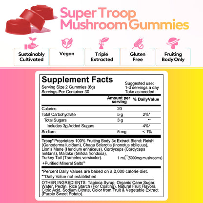 Troop Super 6 Mushroom Gummies – Immune Support, Energy & Mood (60 Count) – Vegan