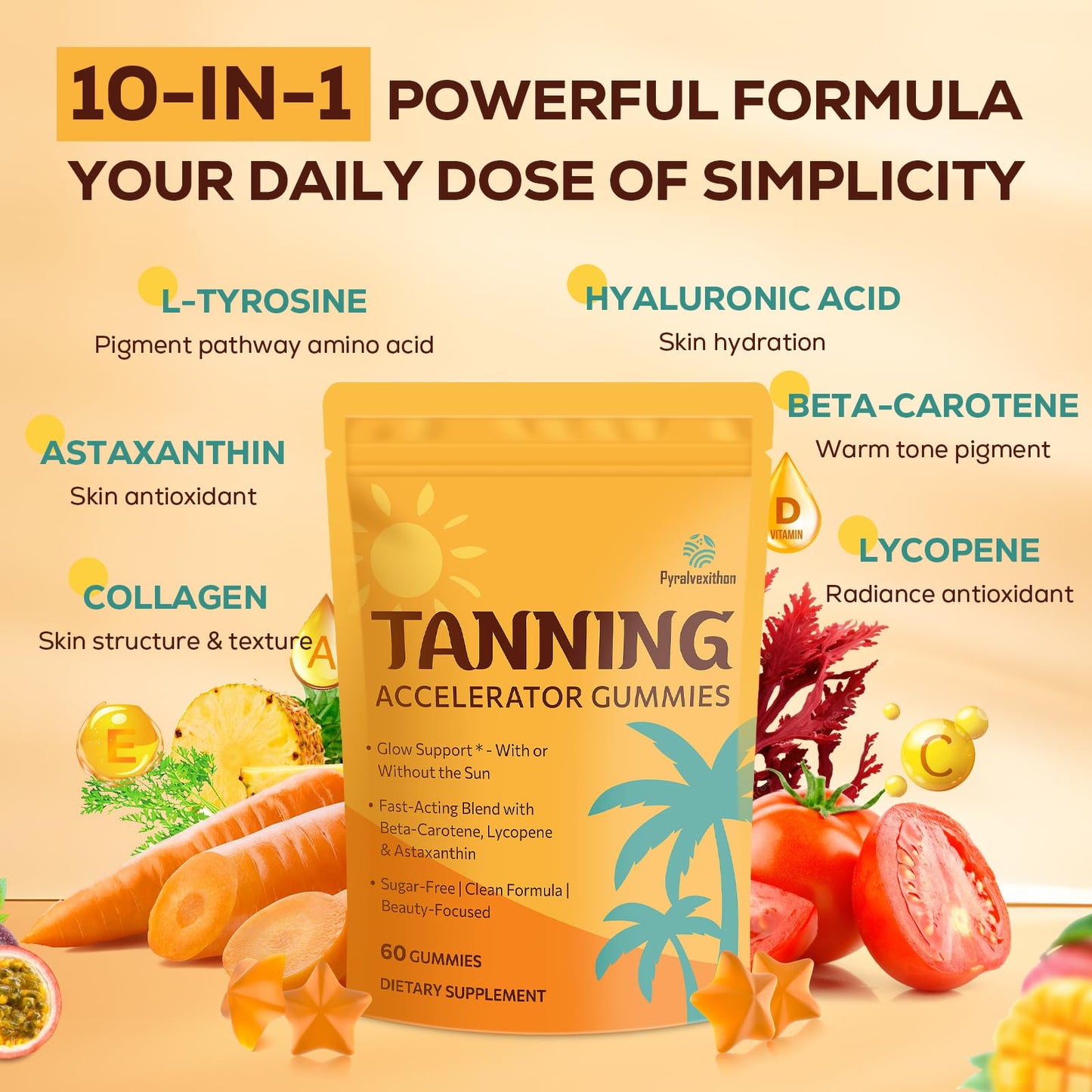 Tanning Gummies with Astaxanthin – Sunless Tanning Supplement for Women & Men | Vegan & Sugar Free | 60 Count