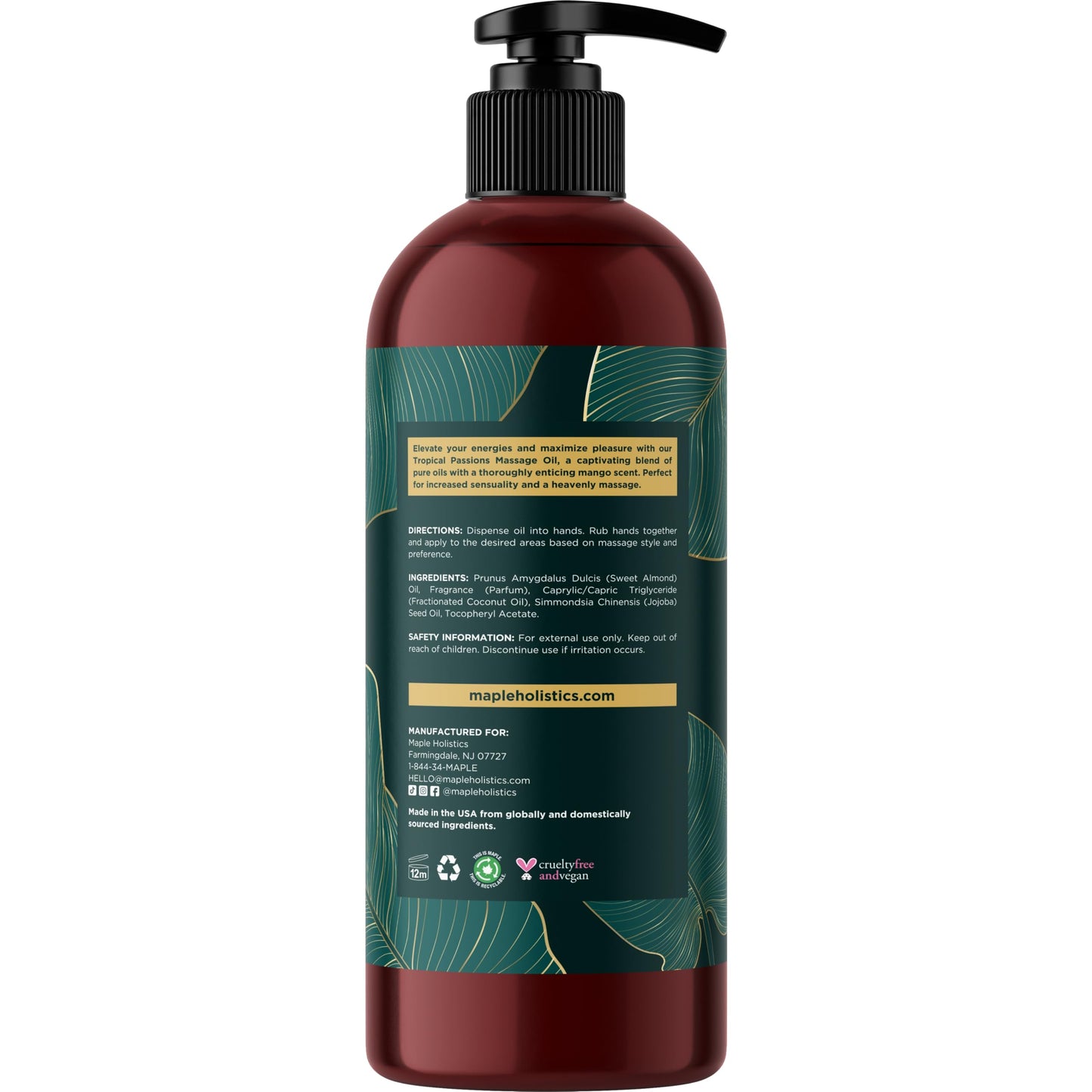 Tropical Massage Oil for Couples – Mango Scent, Coconut & Almond – 16 Fl Oz | Vegan, Gluten Free, Non-GMO