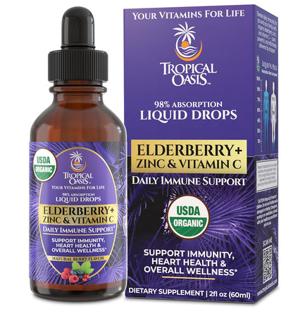 Tropical Oasis USDA Organic Liquid Vitamin Eldeberry Drops with Vitamin C and Zinc for Adults & Kids – 2 Fl Oz
