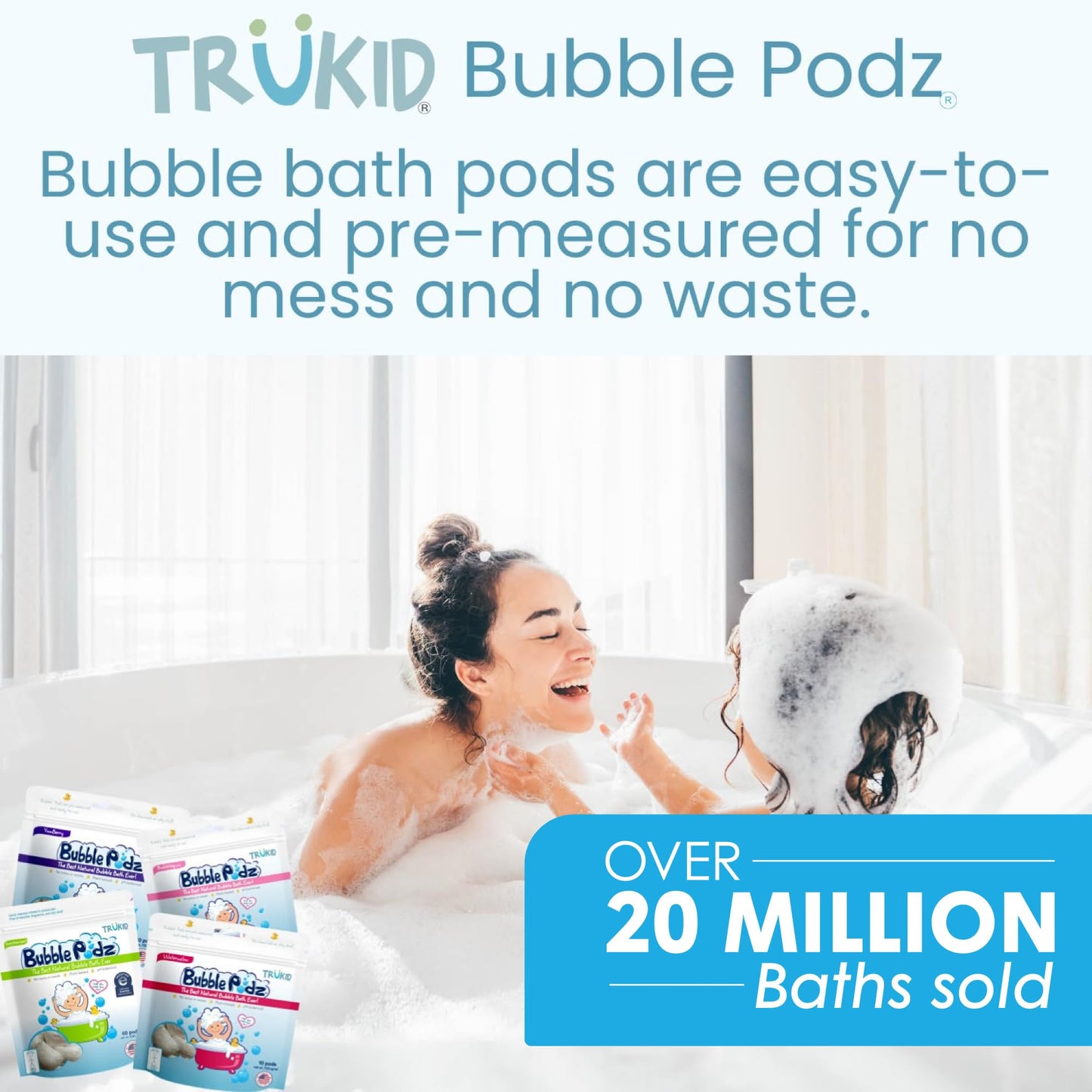 TruKid Bubble Podz Bubble Bath for Kids & Babies - NEA-Approved, Tear Free, Unscented (24 Pods)