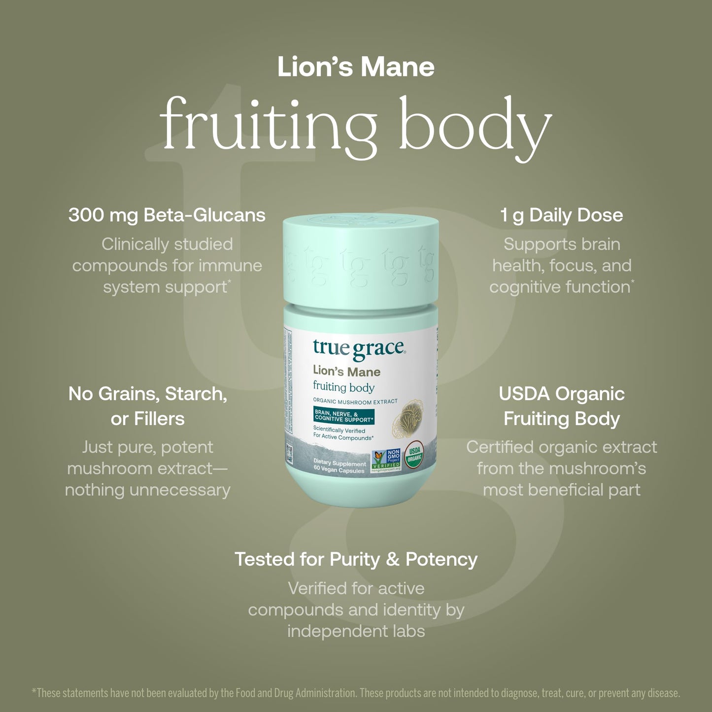 True Grace Lion's Mane – Brain, Nerve & Cognitive Support | 60 Capsules | Organic