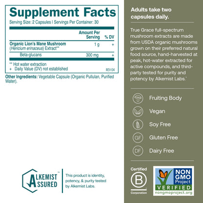 True Grace Lion's Mane – Brain, Nerve & Cognitive Support | 60 Capsules | Organic