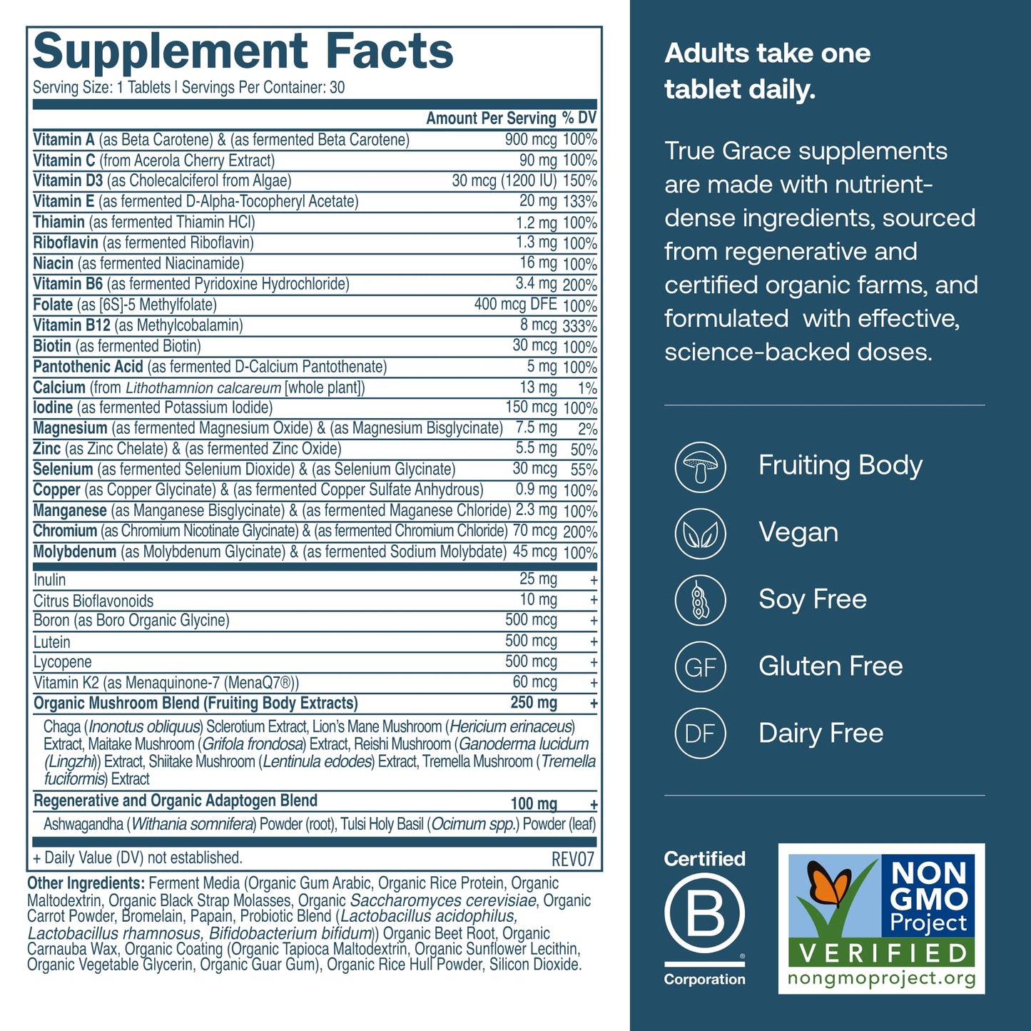 True Grace Men's 40+ Multivitamin – Fermented Minerals, Organic Adaptogens & Mushrooms