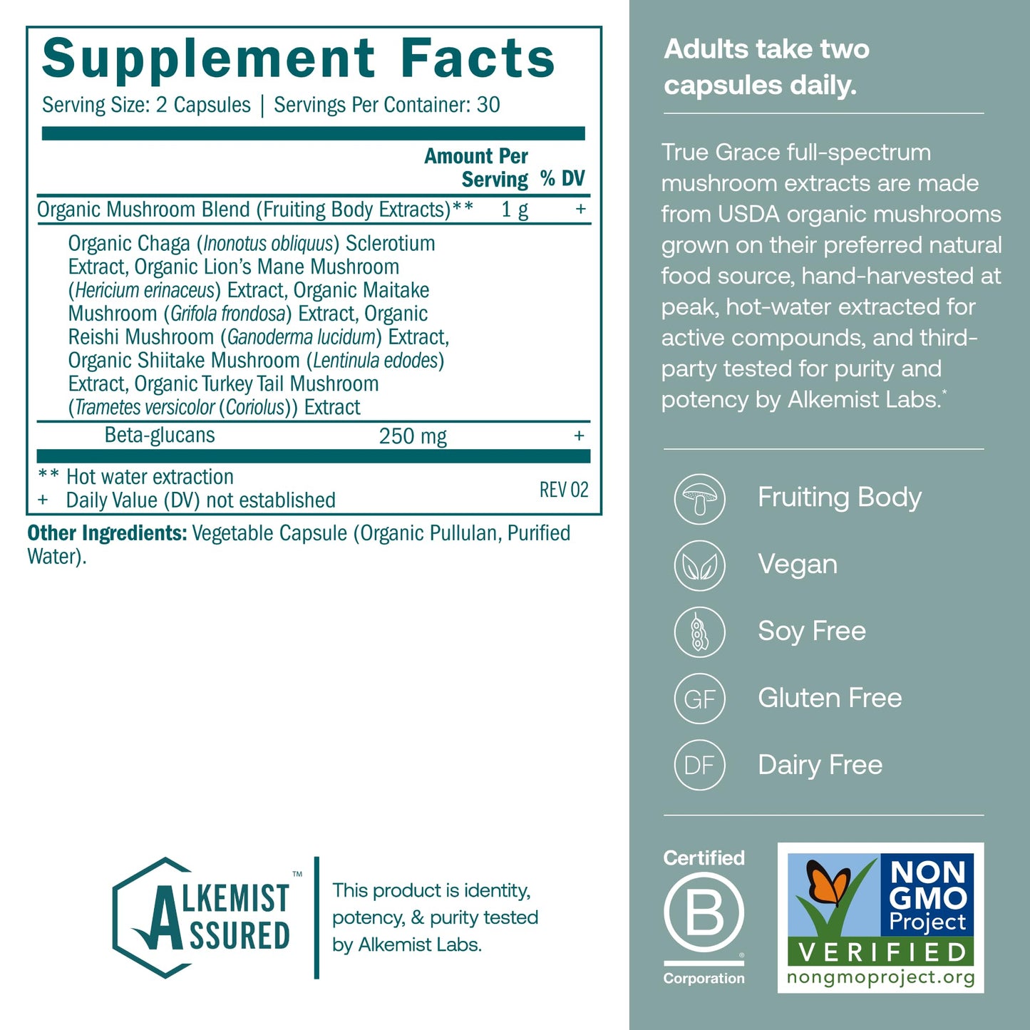True Grace Mushroom Myco-Renew Blend - Organic Immune Support, 60 Count Capsules