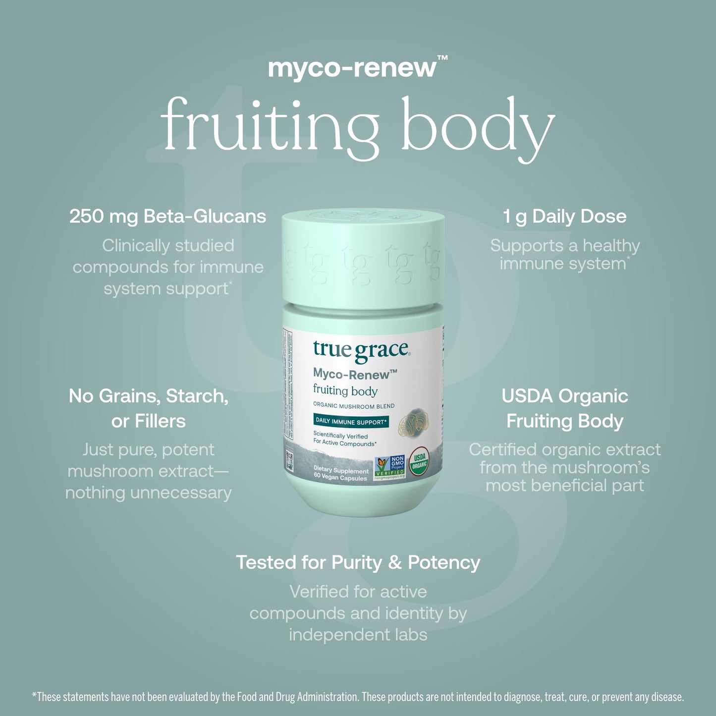 True Grace Mushroom Myco-Renew Blend - Organic Immune Support, 60 Count Capsules