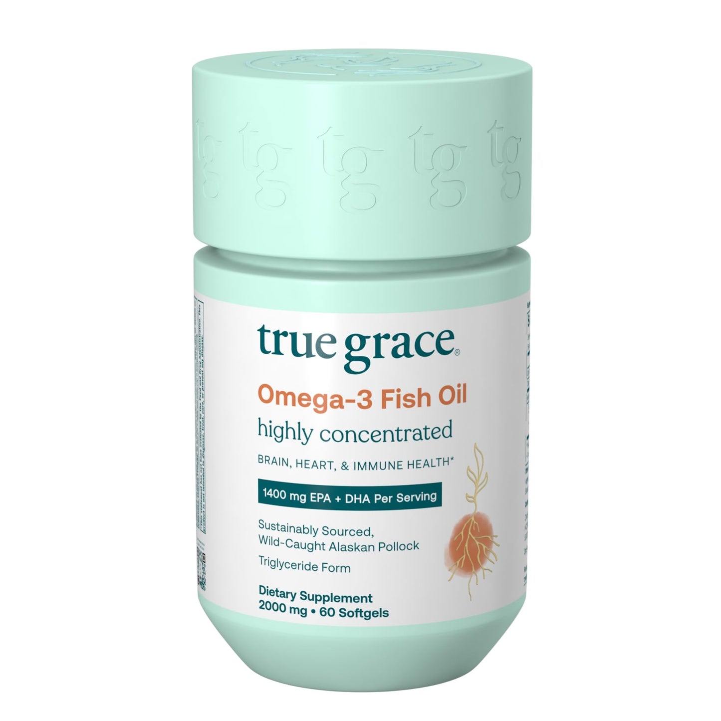 True Grace Omega-3 Fish Oil – 60 Softgels, 1400 mg EPA+DHA | Gluten Free, Organic, Soy Free