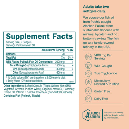 True Grace Omega-3 Fish Oil – 60 Softgels, 1400 mg EPA+DHA | Gluten Free, Organic, Soy Free
