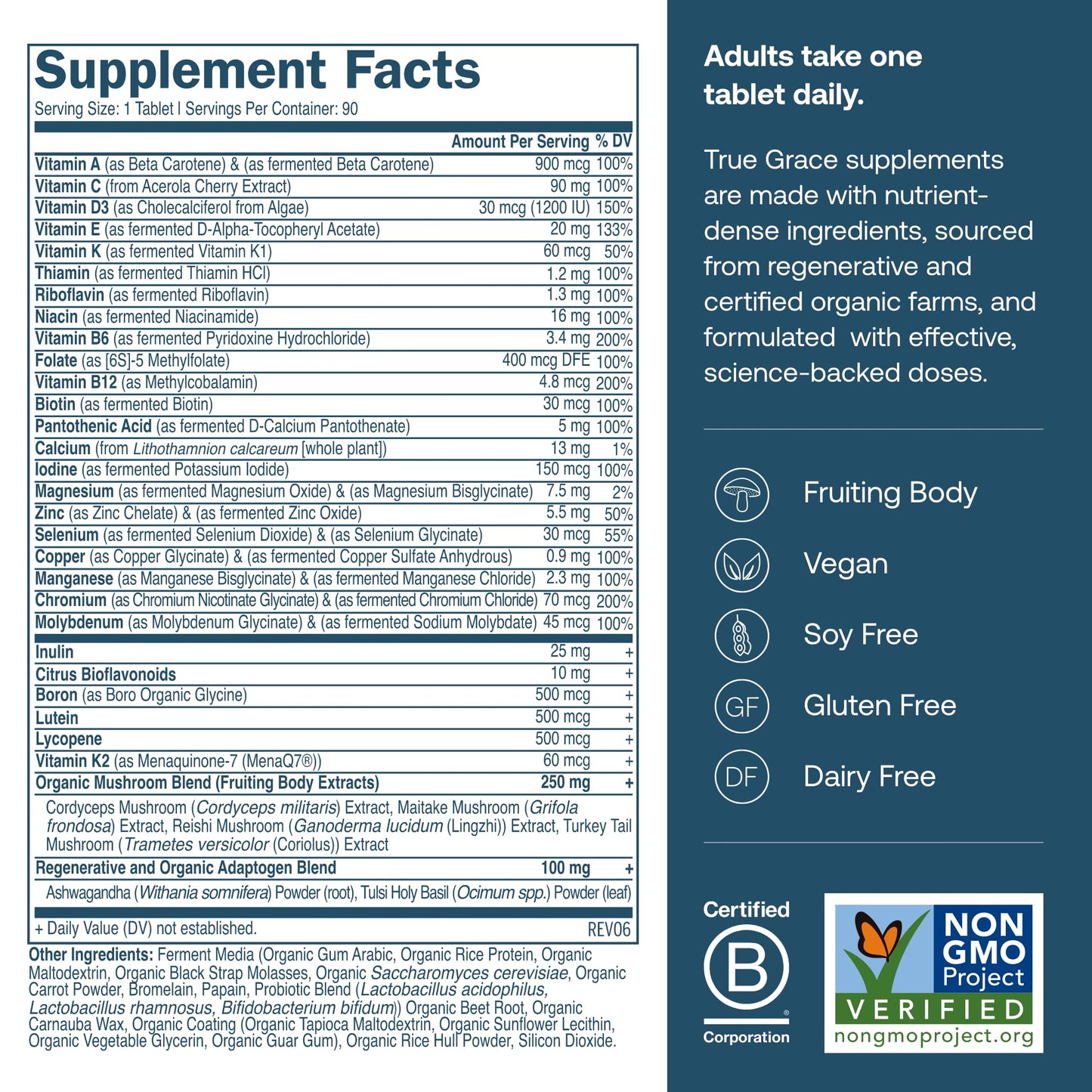 True Grace One Daily Men's Multivitamin – Fermented Minerals, Organic Mushrooms & Adaptogens (90 Vegan Tablets)
