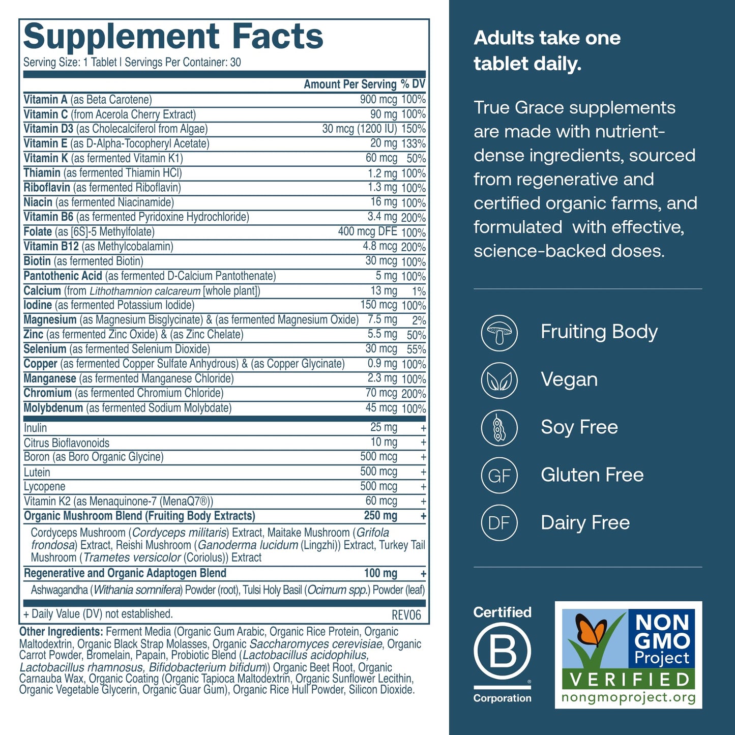 True Grace One Daily Men's Multivitamin - Fermented Minerals, Organic Adaptogens & Mushrooms