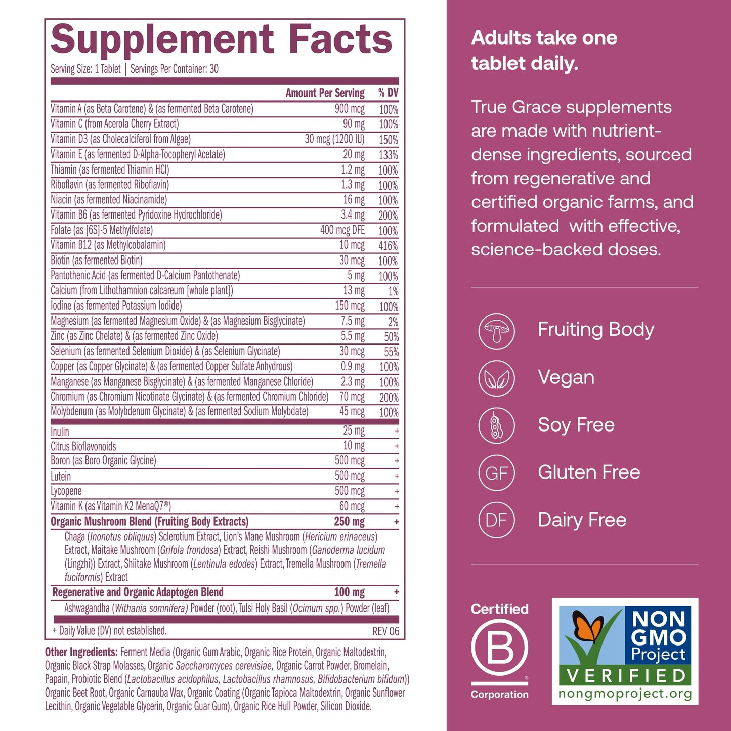 True Grace One Daily Women's Multivitamin 40+ - Fermented Minerals, Organic Adaptogens & Mushrooms