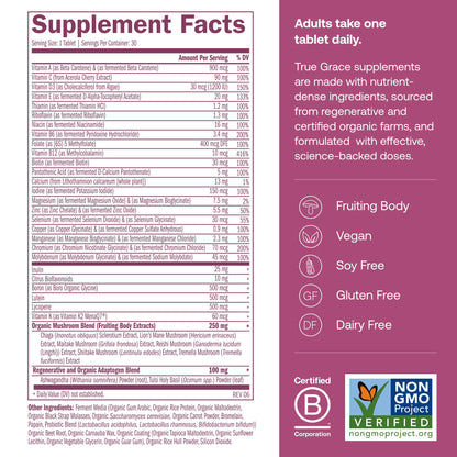 True Grace One Daily Women's Multivitamin 40+ - Fermented Minerals, Organic Adaptogens & Mushrooms