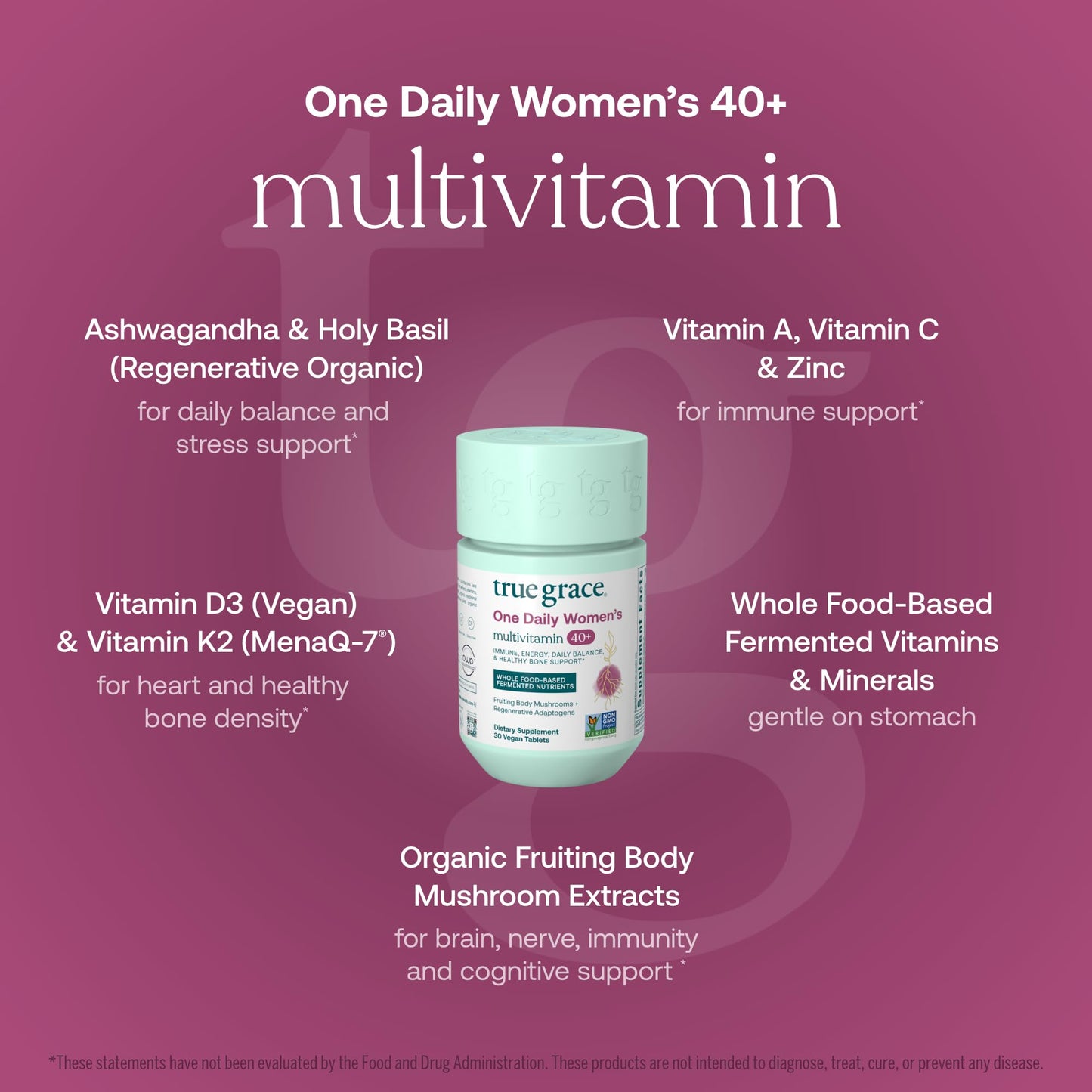 True Grace One Daily Women's Multivitamin 40+ - Fermented Minerals, Organic Adaptogens & Mushrooms