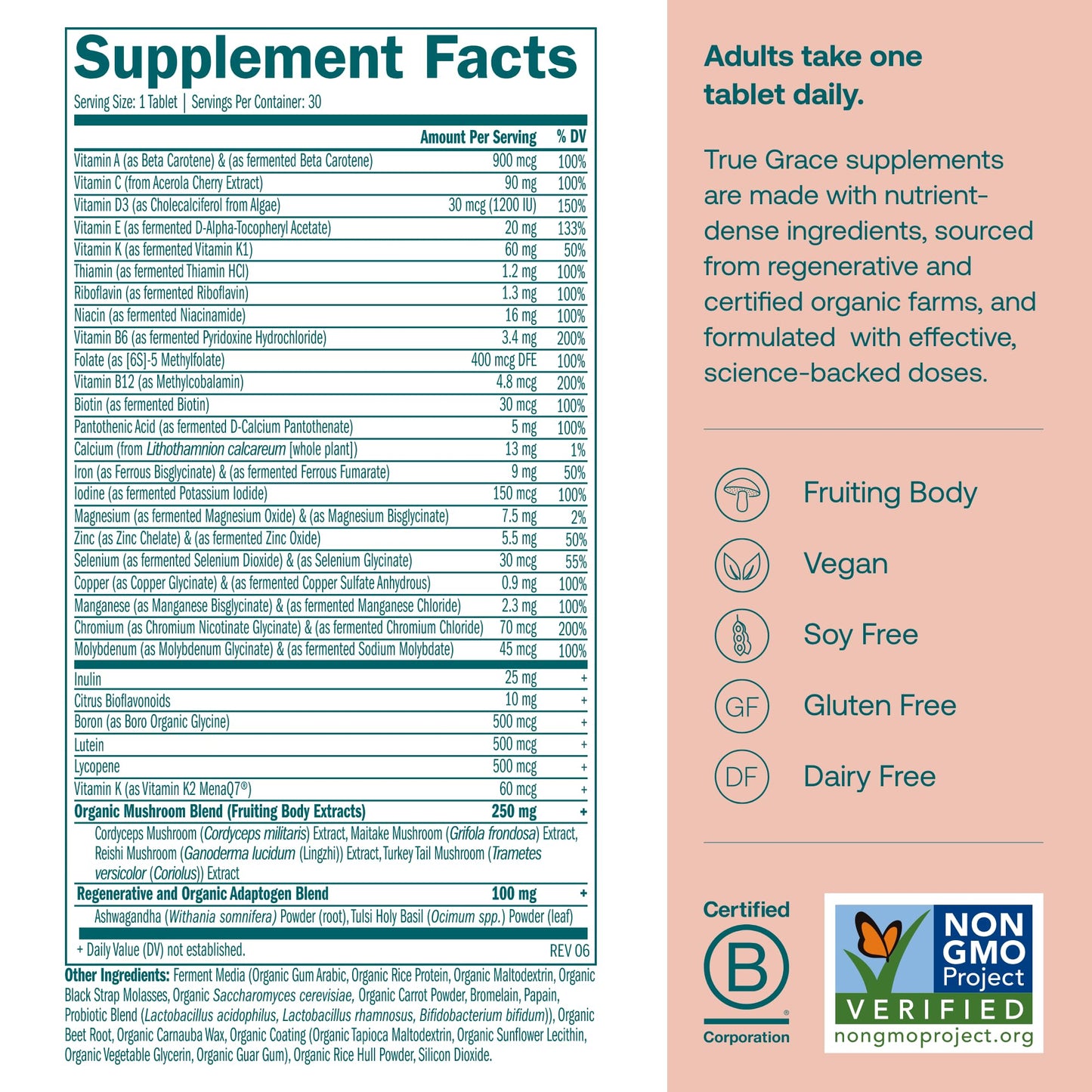 True Grace One Daily Women’s Multivitamin – Fermented Minerals, Organic Adaptogens & Mushrooms | 30 Vegan Tablets