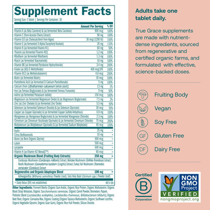 True Grace One Daily Women’s Multivitamin – Fermented Minerals, Organic Adaptogens & Mushrooms | 30 Vegan Tablets