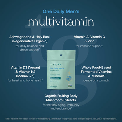 True Grace One Daily Men's Multivitamin – Fermented Minerals, Organic Mushrooms & Adaptogens (90 Vegan Tablets)