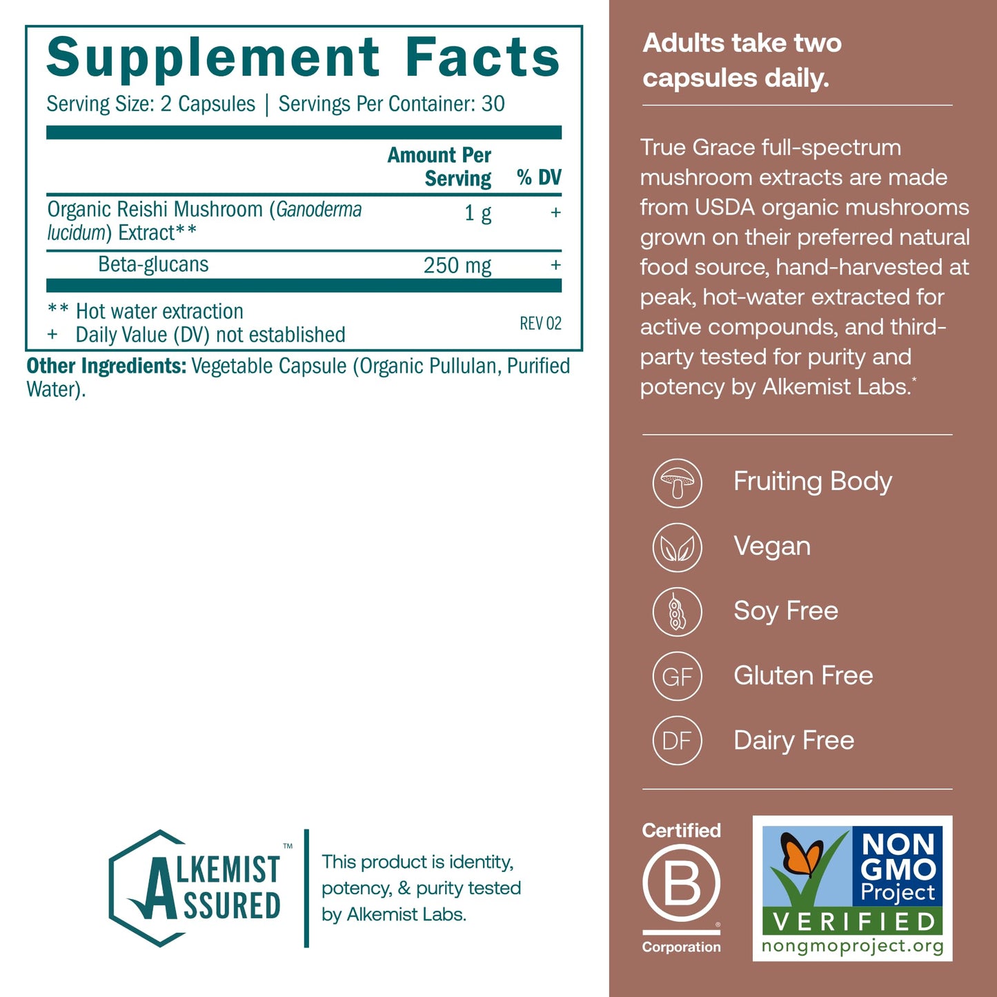 True Grace Mushroom Reishi Daily Balance & Longevity - 60 Count Capsules - Organic