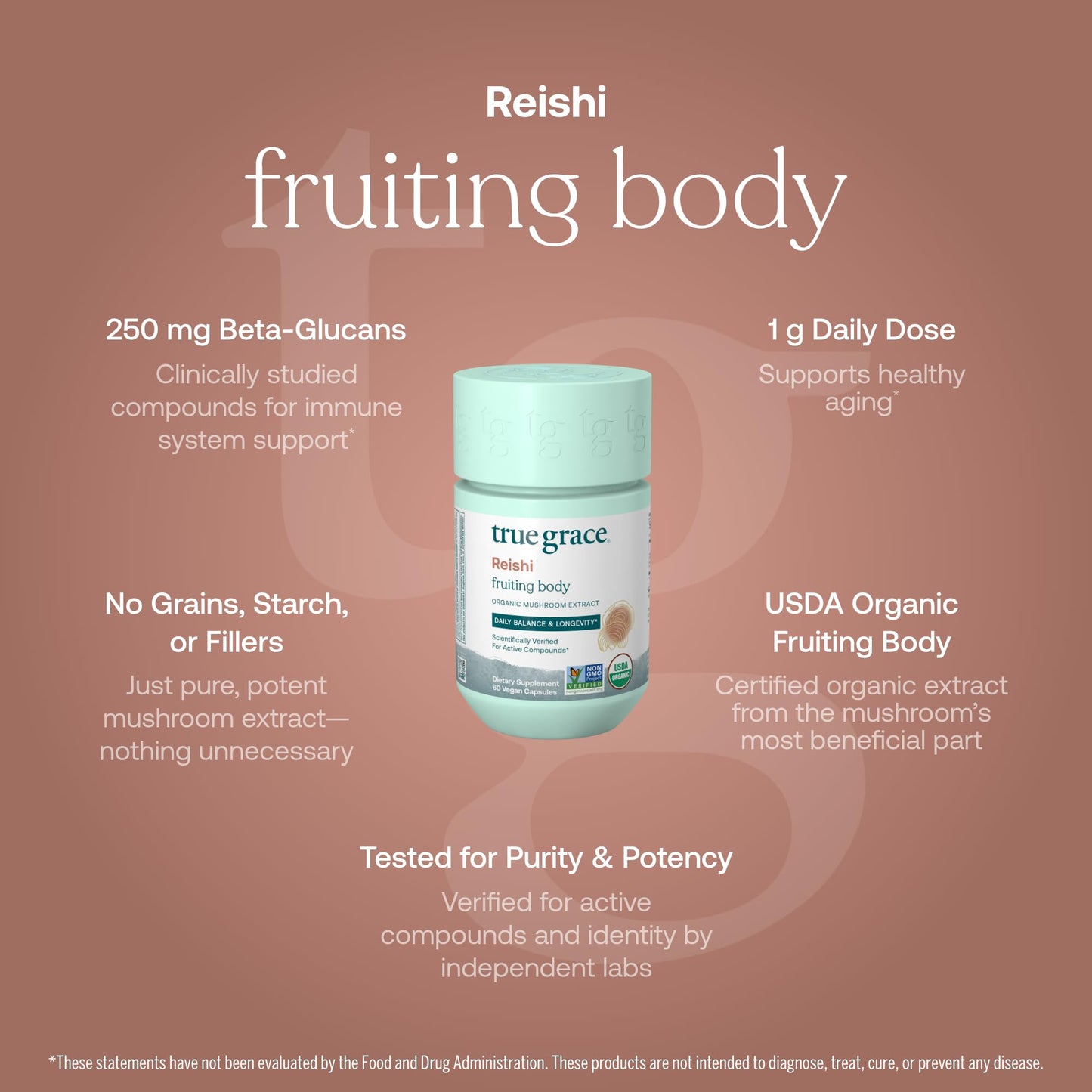 True Grace Mushroom Reishi Daily Balance & Longevity - 60 Count Capsules - Organic