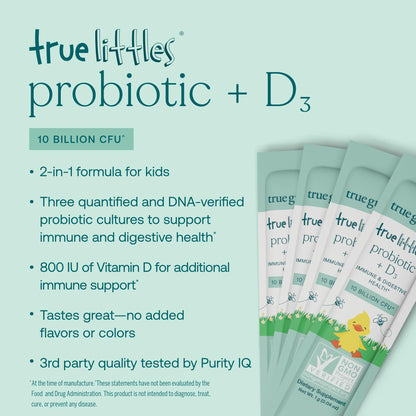 True Littles Probiotic + Vitamin D3 for Kids — 30 Stick Packs | Gluten, Soy & Dairy Free | True Grace