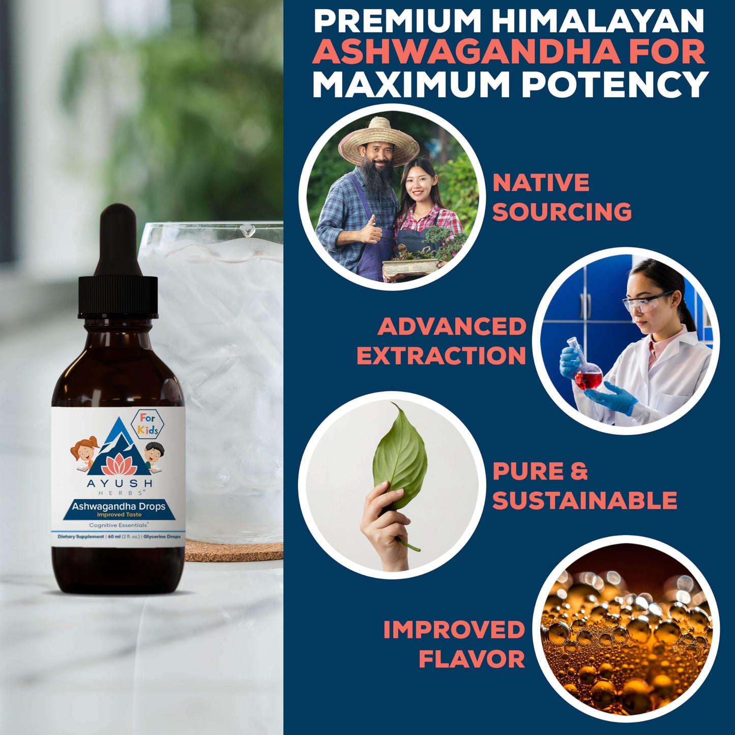 Ayush Herbs Ashwagandha Drops for Kids & Adults – Alcohol-Free Lemon Flavor, 2 oz (80 Servings)