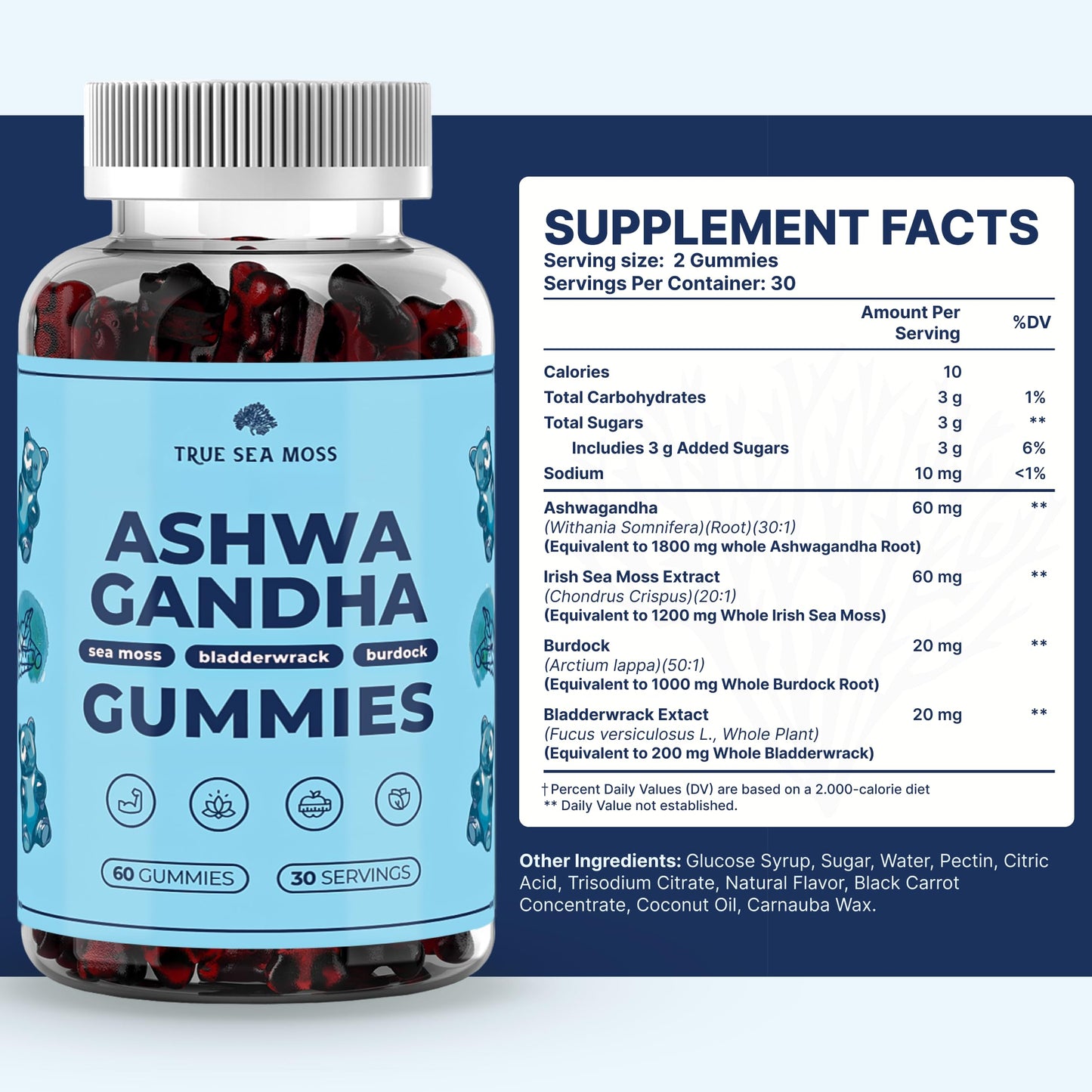 TrueSeaMoss Sea Moss Gummies with Ashwagandha – 1200mg/Serving, Vegan, Non-GMO, Made in USA, 60 Gummies