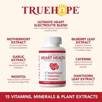 Truehope 27-in-1 Ultimate Heart Health Supplement | Blood Pressure, Circulation, Heart Function Support | Potency You Can Feel Day 1 | Hawthorn, Motherwort, Inositol, Mistletoe | + Advanced Chelation