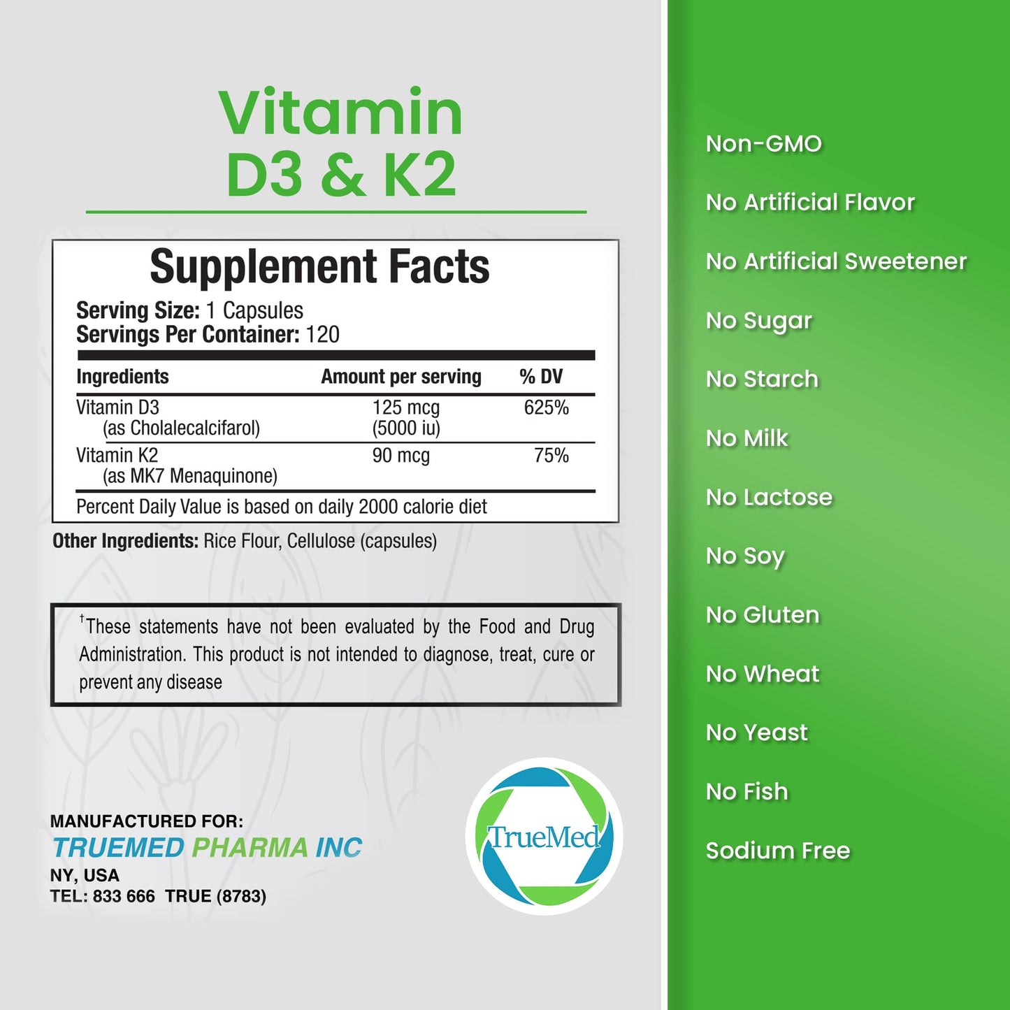 TRUEMED Vitamin D3 & K2 Supplement – 5000 IU D3 + 90 mcg K2 MK7 | 120 Veggie Capsules