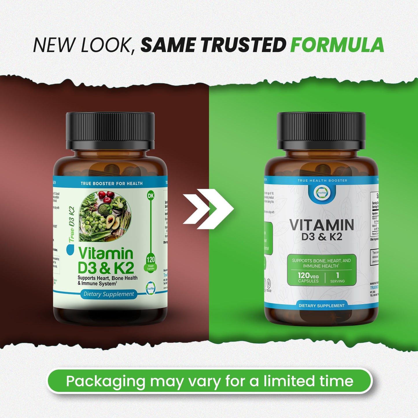 TRUEMED Vitamin D3 & K2 Supplement – 5000 IU D3 + 90 mcg K2 MK7 | 120 Veggie Capsules