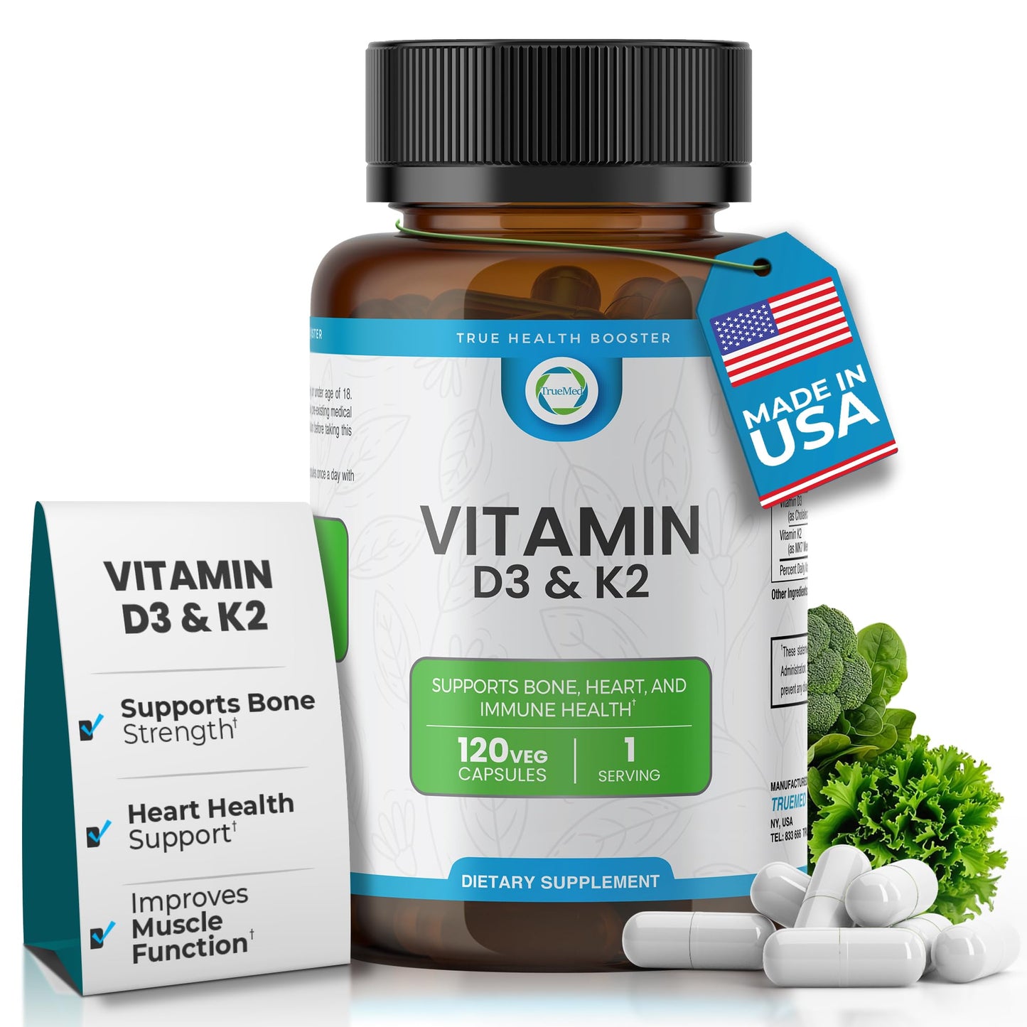 TRUEMED Vitamin D3 & K2 Supplement – 5000 IU D3 + 90 mcg K2 MK7 | 120 Veggie Capsules