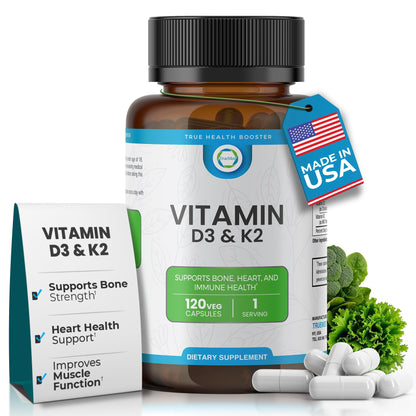 TRUEMED Vitamin D3 & K2 Supplement – 5000 IU D3 + 90 mcg K2 MK7 | 120 Veggie Capsules