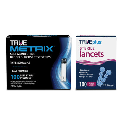 TRUE METRIX 100ct Test Strips + 100ct TRUEplus 30g Lancets | Self-Monitoring Blood Glucose Kit