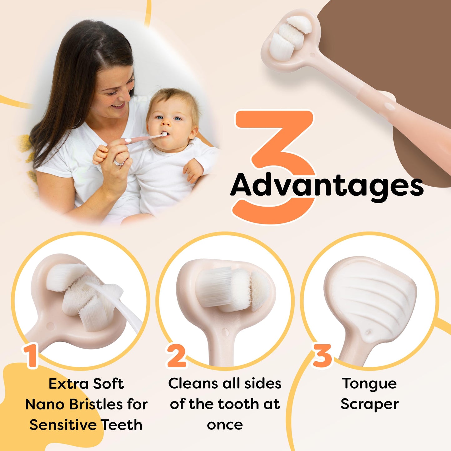 Trueocity Baby Toothbrush 6-12m, 1-2y & 2-4y | Extra Soft, 3-Sided Toothhugger (Apricot)