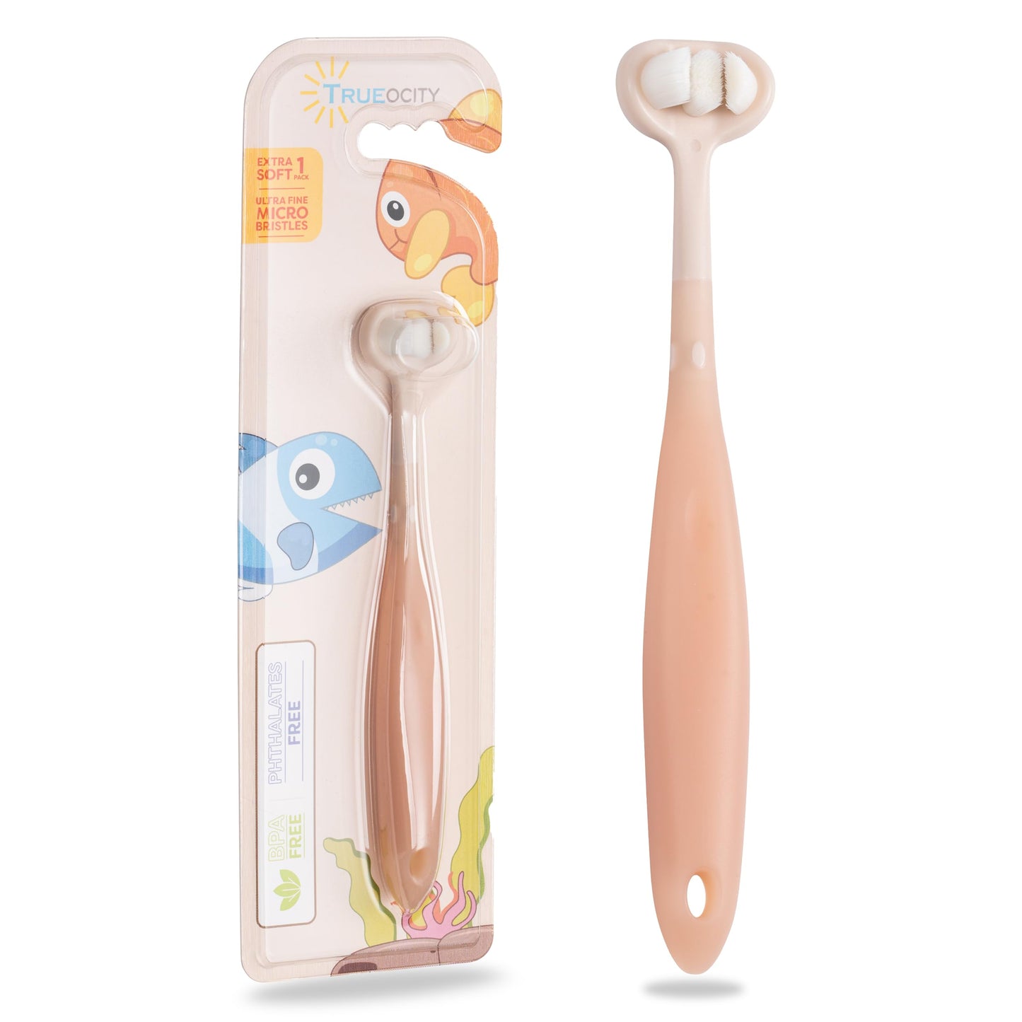 Trueocity Baby Toothbrush 6-12m, 1-2y & 2-4y | Extra Soft, 3-Sided Toothhugger (Apricot)