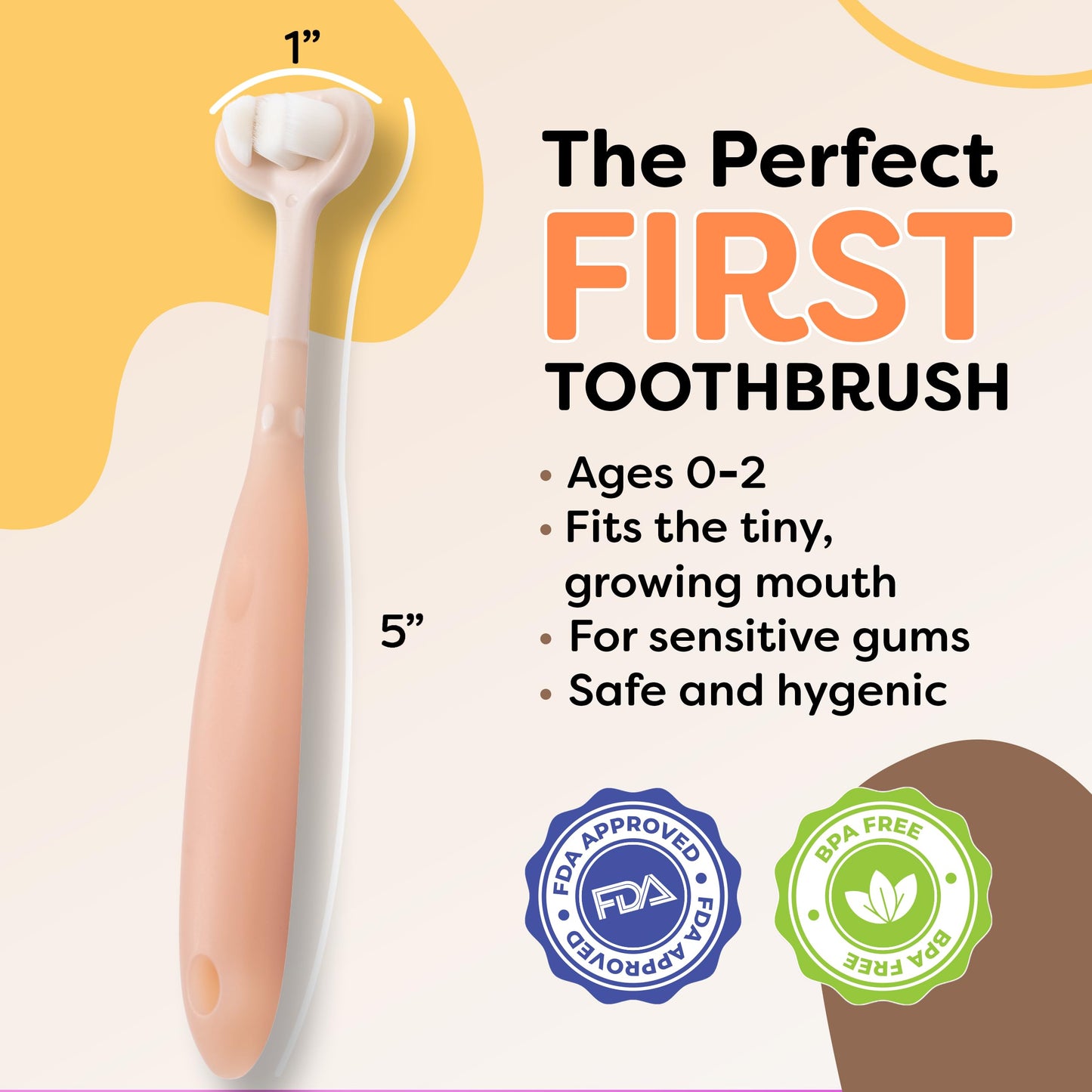 Trueocity Baby Toothbrush 6-12m, 1-2y & 2-4y | Extra Soft, 3-Sided Toothhugger (Apricot)