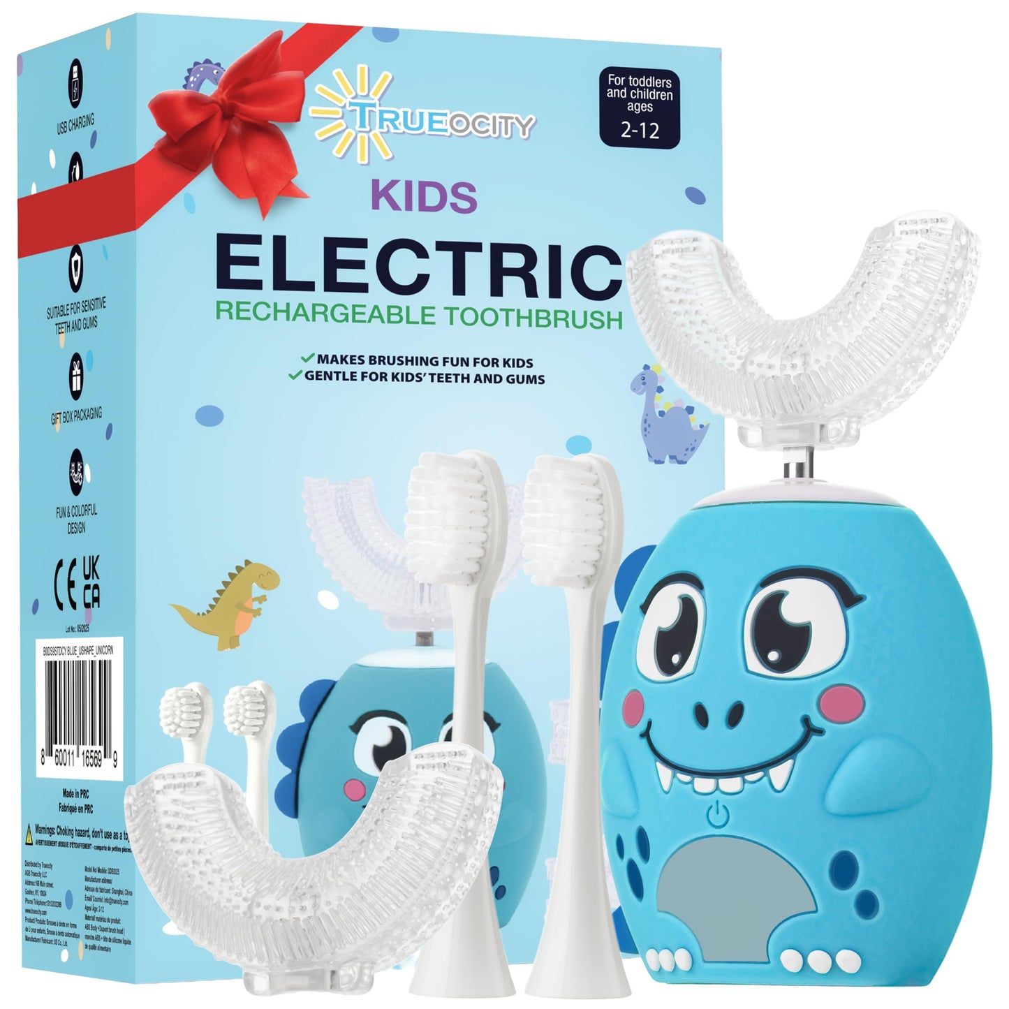 Trueocity Kids U-Shape Electric Toothbrush - 360° Silicone U-Shaped Head for Ages 2–7 (Blue) | Dinosaur Design
