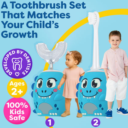 Trueocity Kids U-Shape Electric Toothbrush - 360° Silicone U-Shaped Head for Ages 2–7 (Blue) | Dinosaur Design
