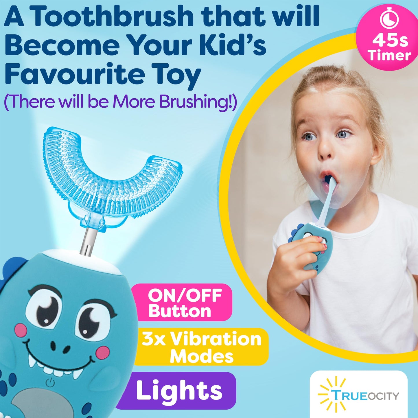 Trueocity Kids U-Shape Electric Toothbrush - 360° Silicone U-Shaped Head for Ages 2–7 (Blue) | Dinosaur Design