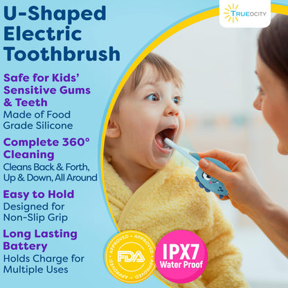 Trueocity Kids U-Shape Electric Toothbrush - 360° Silicone U-Shaped Head for Ages 2–7 (Blue) | Dinosaur Design